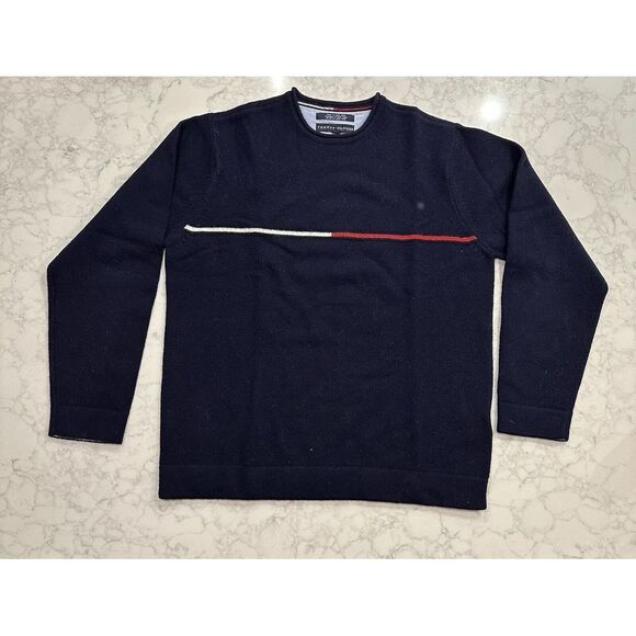 Tommy Hilfiger Logo Stripe Crewneck Sweater 100% Lambswool Wool Navy Size Medium - Picture 1 of 7
